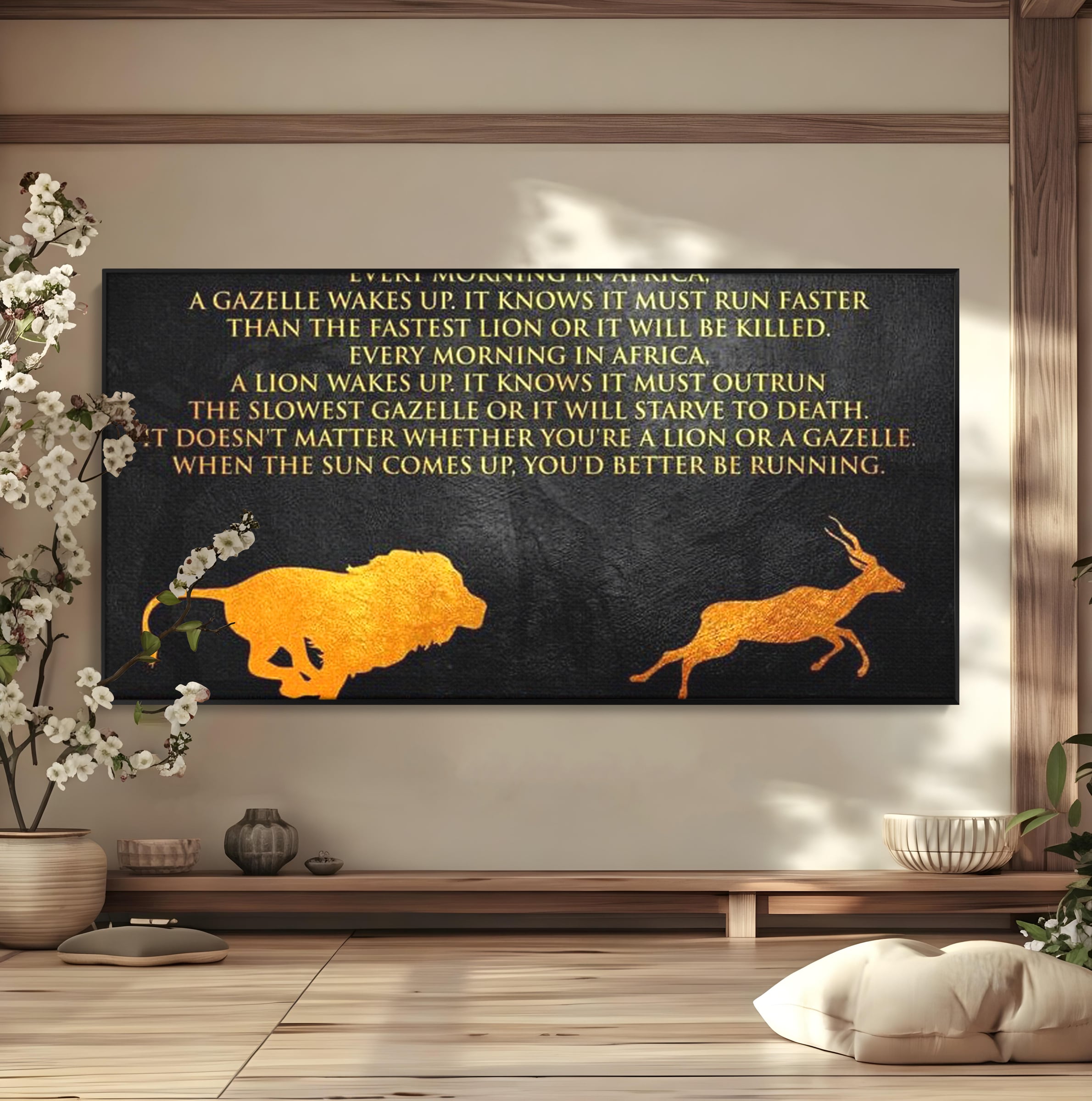Tablou canvas cu tablou motivational cu leu si gazela, in rama de aluminiu negru